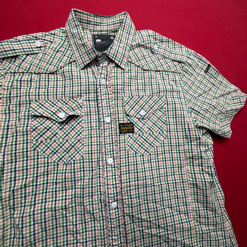 G-Star Raw Mens XL Plaid Short Sleeve Utility Shirt Zip Front Epaulettes Green